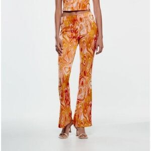 Zara Orange Swirl Retro Jacquard Knit Flare Pants Orange Womens Size S Small